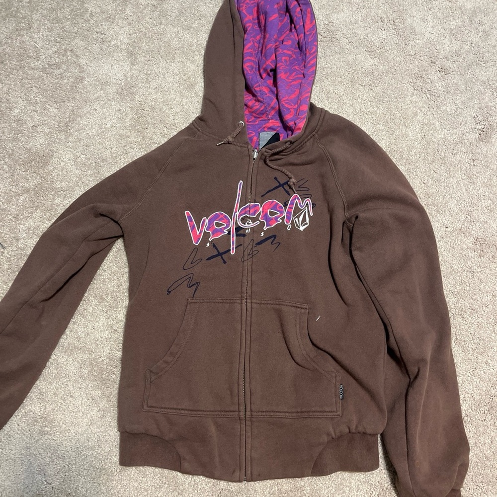 Volcom vintage Brown skater Hoodie with Purple and Pink y2k Accents